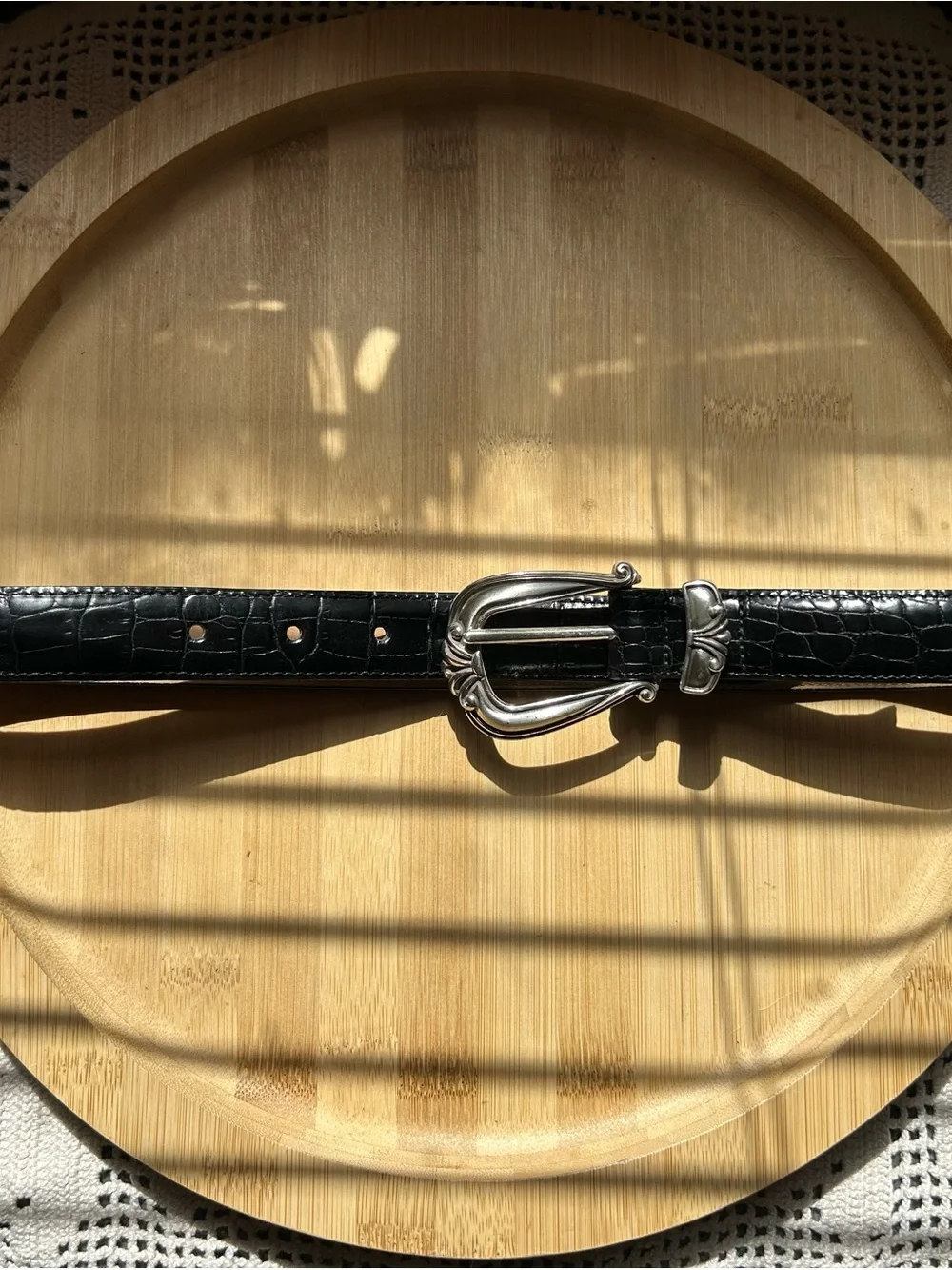 Brighton Black Croc-Embossed Leather Belt with Silver Ornate Buckle